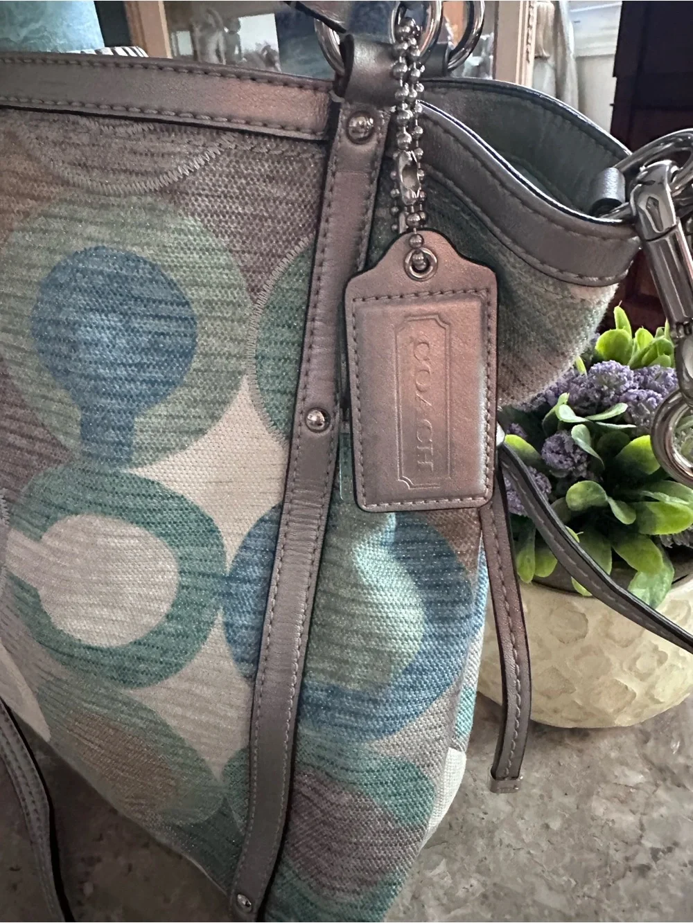 Coach Silver Metallic & Blue Signature Canvas Shoulder Bag